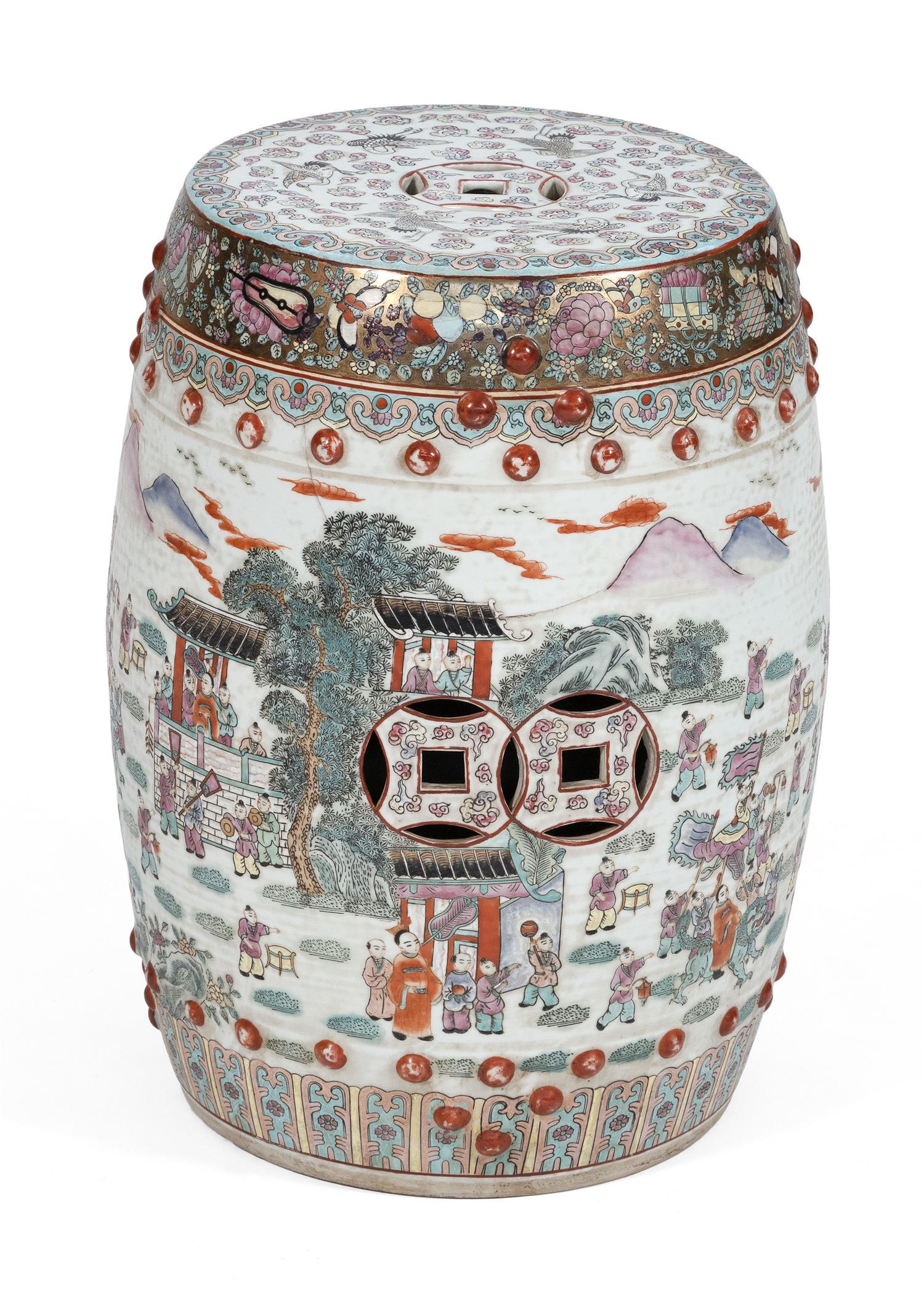CHINESE EXPORT ROSE MEDALLION PORCELAIN GARDEN SEAT: CHINESE EXPORT ROSE MEDALLION PORCELAIN GARDEN SEAT 20th Century Body with decoration of a parade procession. Top decorated with cranes. Raised iron red bosses at shoulder and foot. Height 19". Diamet