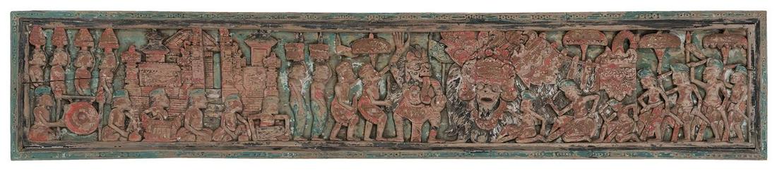 BALINESE RELIEF-CARVED POLYCHROME PANEL: BALINESE RELIEF-CARVED POLYCHROME PANEL Depicts figures worshiping deities. Height 15.75". Width 83.25". Depth 2".