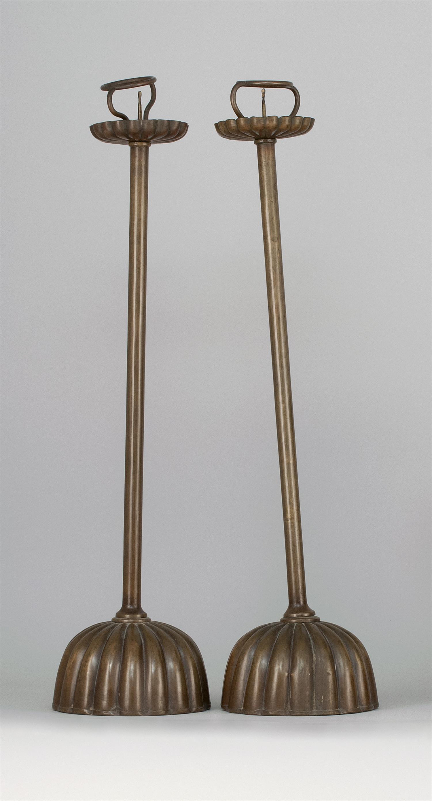 PAIR OF JAPANESE BRONZE PRICKET CANDLESTICKS Kiku: PAIR OF JAPANESE BRONZE PRICKET CANDLESTICKS Edo Period Kiku (chrysanthemum) petal-form dishes with removable supports for 2.5" tapers. Slender cylindrical shafts culminate in half-dome kiku-shaped we