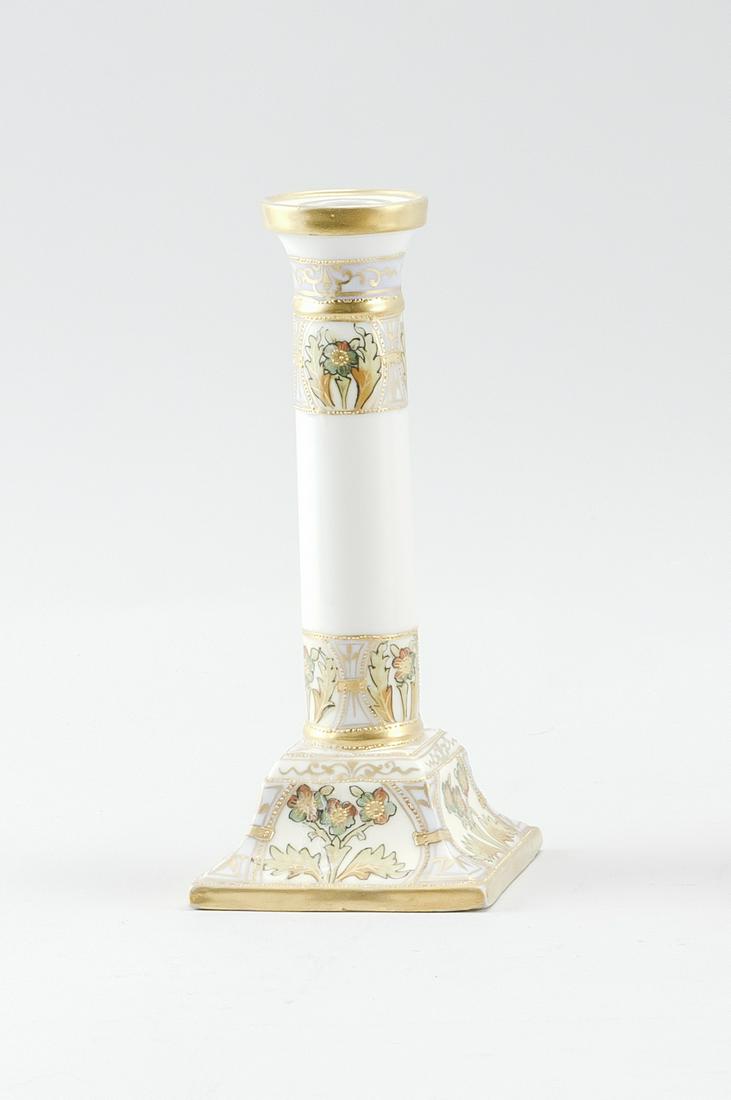 NIPPON PORCELAIN CANDLESTICK Gold and polychrome floral: NIPPON PORCELAIN CANDLESTICK Gold and polychrome floral design. Van Patten #47 mark on base. Height 7.3".