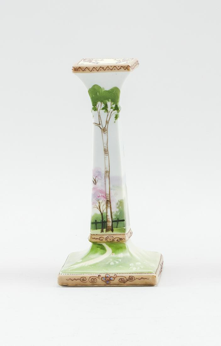 NIPPON PORCELAIN CANDLESTICK Cherry tree landscape: NIPPON PORCELAIN CANDLESTICK Cherry tree landscape decoration. Van Patten #47 mark on base. Height 7.5".