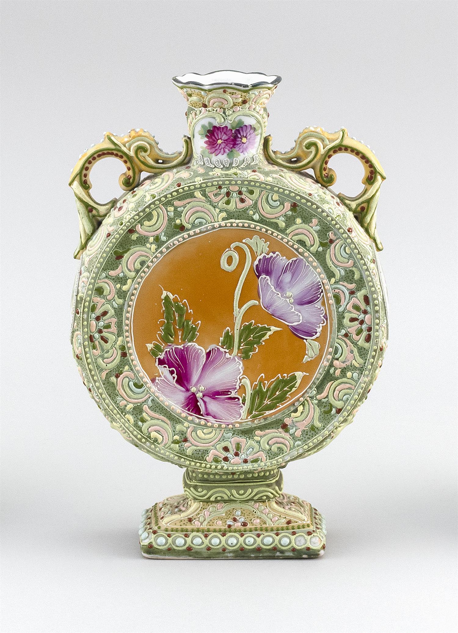 MORIAGE NIPPON PORCELAIN BOTTLE VASE In pilgrim flask: MORIAGE NIPPON PORCELAIN BOTTLE VASE In pilgrim flask form, with openwork handles, rectangular base and floral decoration. Height 10.5".