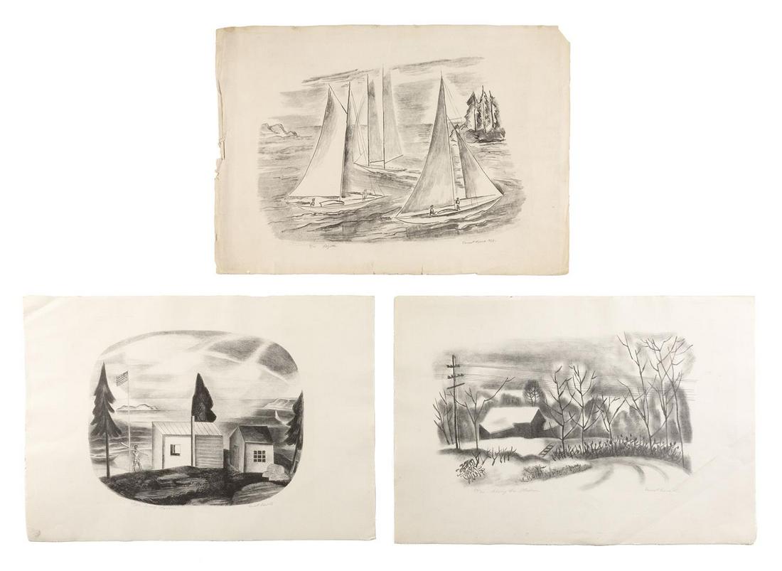 ERNEST FIENE, New York/Germany, 1894-1965, Nine: ERNEST FIENENew York/Germany, 1894-1965Nine unframed lithographs on paper: 1) "Snug Harbor". Edition 50, #24. Pencil-signed lower right "Ernest Fiene 28". Image size 11.38" x