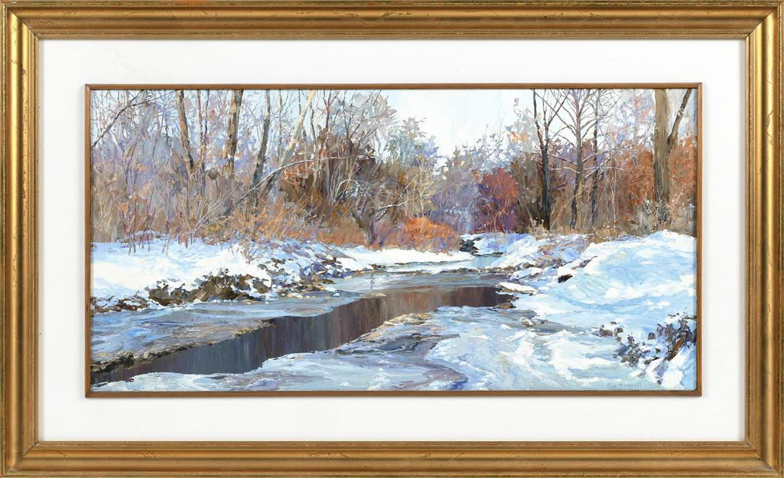 CONNIE J. BOSWELL, Missouri, Contemporary, Winter: CONNIE J. BOSWELLMissouri, ContemporaryWinter landscape. Signed lower right "C.J. Boswell".Acrylic on masonite, 16.5" x 29". Framed 19" x 31".