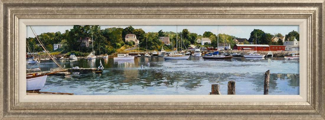 CONNIE J. BOSWELL, Missouri, Contemporary, A seaside: CONNIE J. BOSWELLMissouri, ContemporaryA seaside community. Signed lower right "C.J. Boswell".Acrylic on masonite, 8" x 30". Framed 13" x 35".