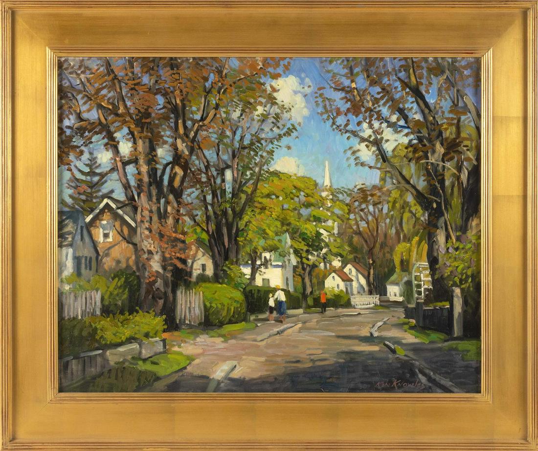KENNETH J. KNOWLES, Massachusetts, b. 1968, "'Historic: KENNETH J. KNOWLES Massachusetts, b. 1968 "'Historic Lanesville' Cape Ann". Signed lower right "Ken Knowles". Titled and dated 1999 verso. Oil on canvas, 24" x 30". Frame
