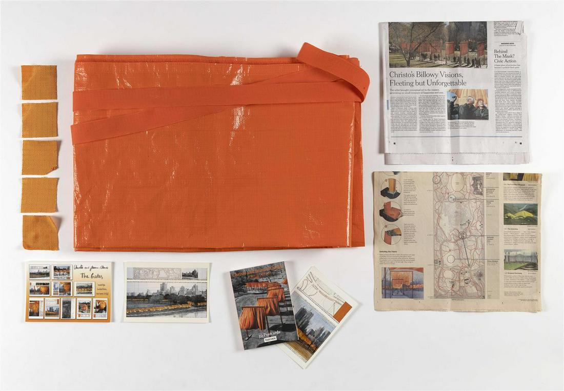 TWENTY-THREE PIECES OF EPHEMERA FROM CHRISTO AND: TWENTY-THREE PIECES OF EPHEMERA FROM CHRISTO AND JEANNE-CLAUDE'S "THE GATES" Circa 2005 and Later 1) Orange tarp used to cover and wrap fabric before opening day. Polypropylene, not the same material 