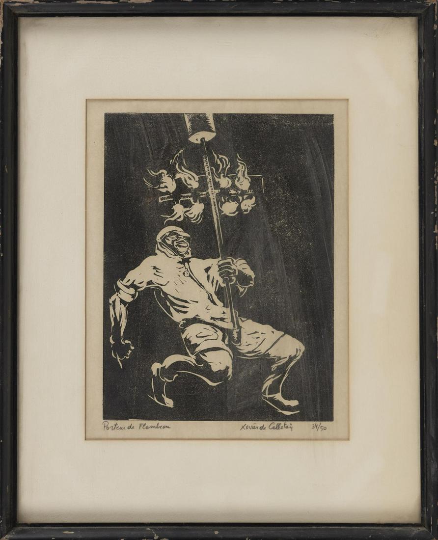 XAVIER DE CALLATAY, Louisiana/New York/Belgium,: XAVIER DE CALLATAY Louisiana/New York/Belgium, 1932-1999 "Porteur de Flambeau", Mardi Gras flambeaux torchbearer, circa 1960. Titled, signed and numbered 34/50 lower margin. Woodcut on wove 