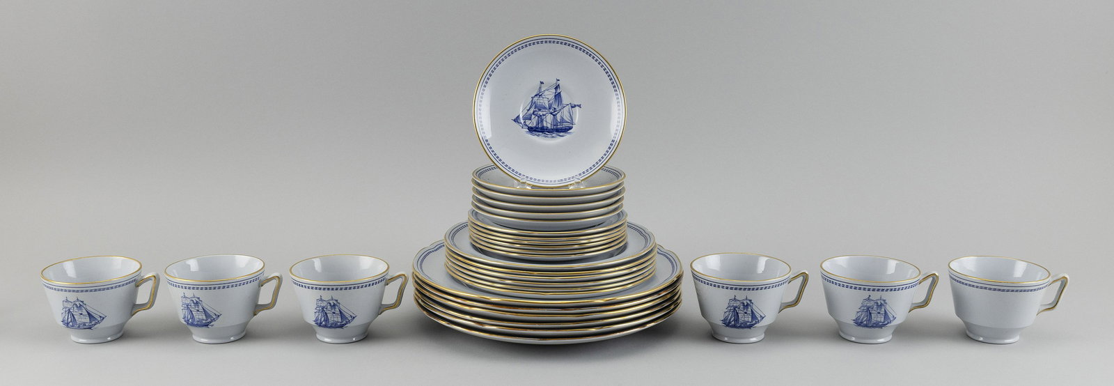 PARTIAL SET OF SPODE "TRADEWINDS" BLUE CHINA Service: PARTIAL SET OF SPODE "TRADEWINDS" BLUE CHINA 20th Century Service for six, consisting of a serving platter, length 16.5", three open vegetable dishes, lengths from 8" to 9", six salad plates, six brea
