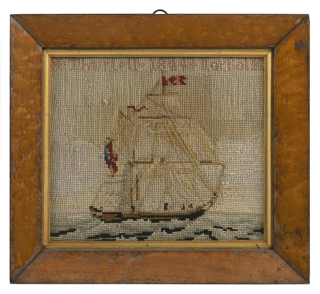 ENGLISH WOOLWORK PICTURE Inscribed upper margin: ENGLISH WOOLWORK PICTURE Inscribed upper margin "Thurtell-1844-Norfolk". Housed in a bird's-eye maple frame. 7.75" x 8.75" sight. Framed 11.25" x 12.25".