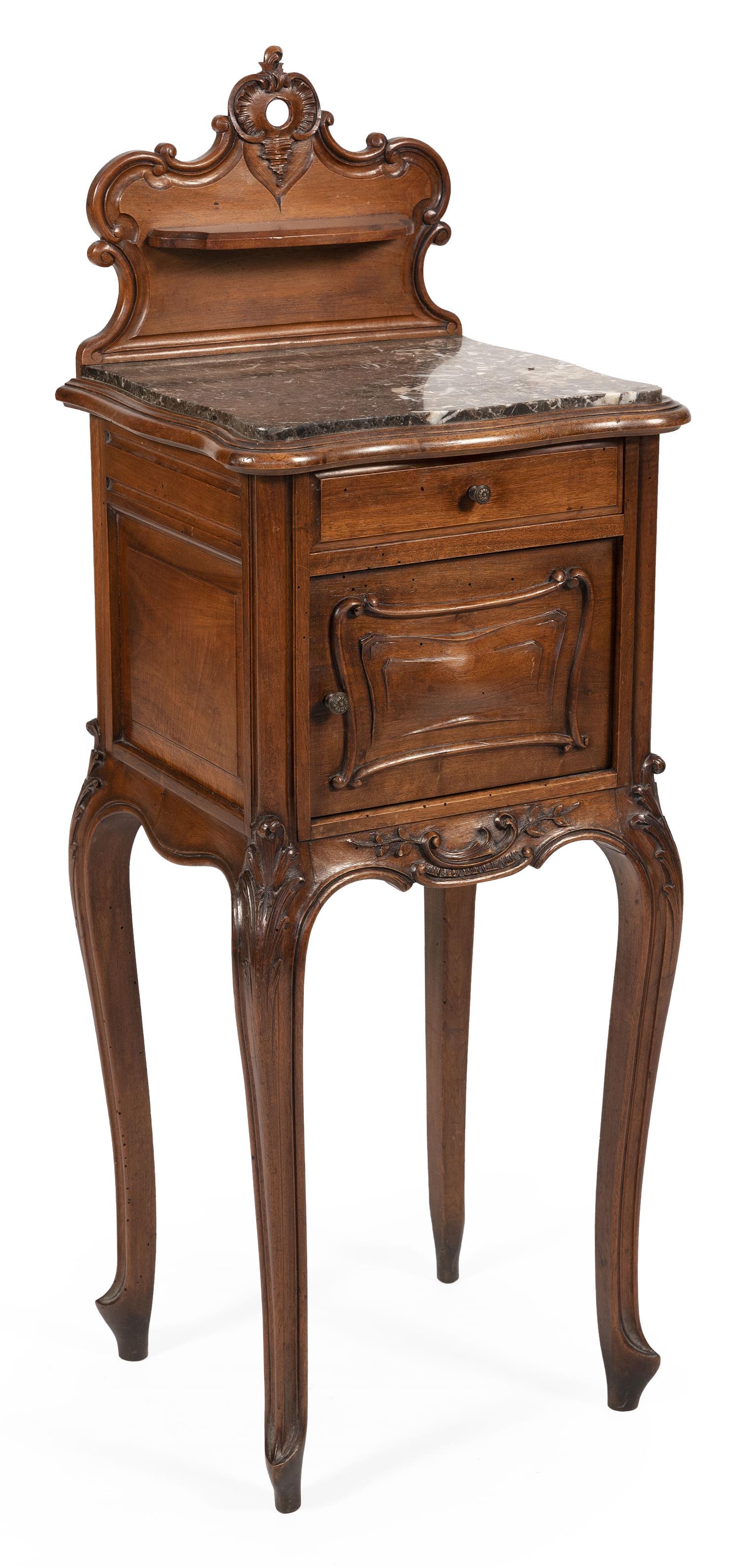 FRENCH-STYLE MARBLE-TOP CUPBOARD In walnut. Backsplash: FRENCH-STYLE MARBLE-TOP CUPBOARD Mid- to Late 20th Century In walnut. Backsplash with scrolled molded edge and shallow shelf. Mottled gray and white marble top. Case with a molded-edge top and a singl