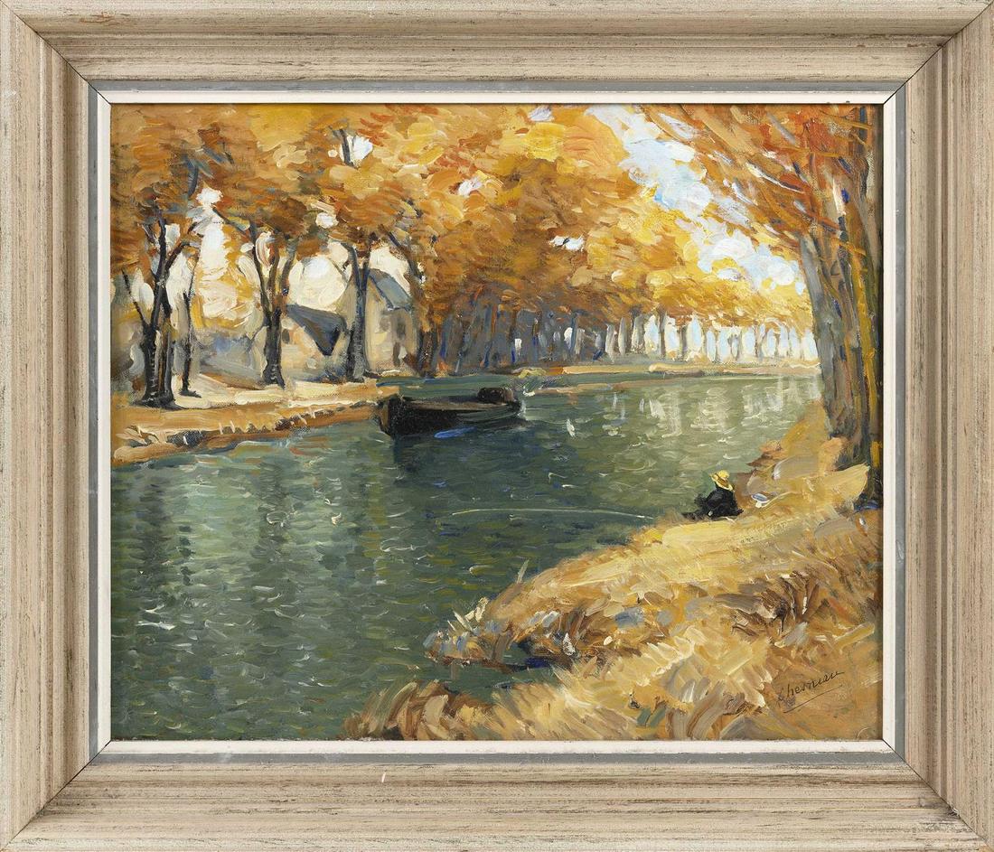 MARCEL CHESNEAU, France, 1902-1975, Fishing the Seine.,: MARCEL CHESNEAU France, 1902-1975 Fishing the Seine. Signed lower right "Chesneau". Oil on canvas, 18.5" x 22". Framed 23" x 27".