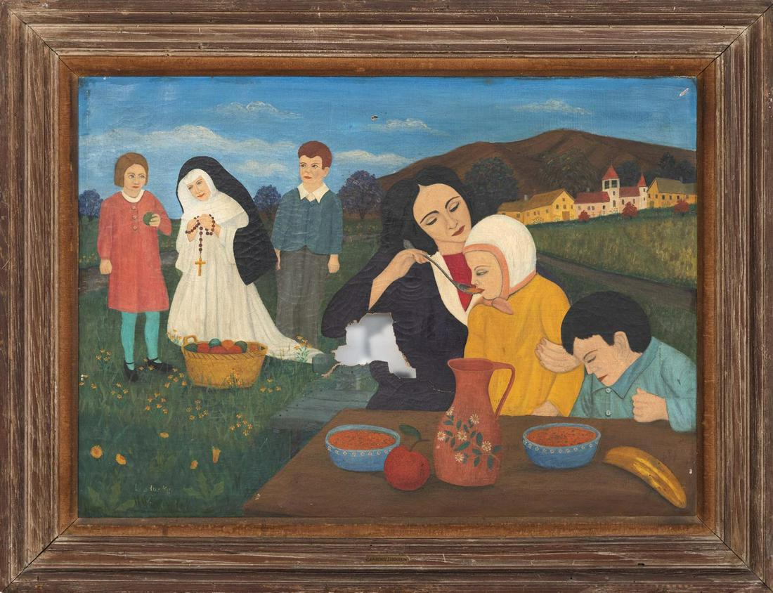 LAWRENCE A. LEBDUSKA, New York/Maryland/Germany,: LAWRENCE A. LEBDUSKA New York/Maryland/Germany, 1894-1966 A mother feeding a child. Faintly signed lower left "Lebduska". Oil on canvas, 25" x 35". Framed 33" x 43".