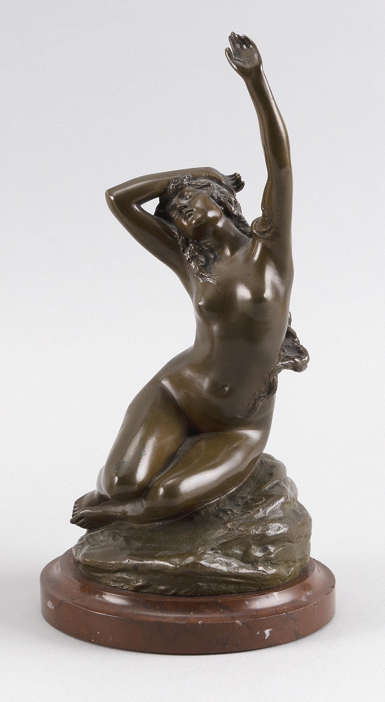 FRANZ SEIFERT, Austria, 1866-1951, Nude woman seated on: FRANZ SEIFERT Austria, 1866-1951 Nude woman seated on a rock. Incised signature. Cast bronze on a rouge marble base, total height 9.25".