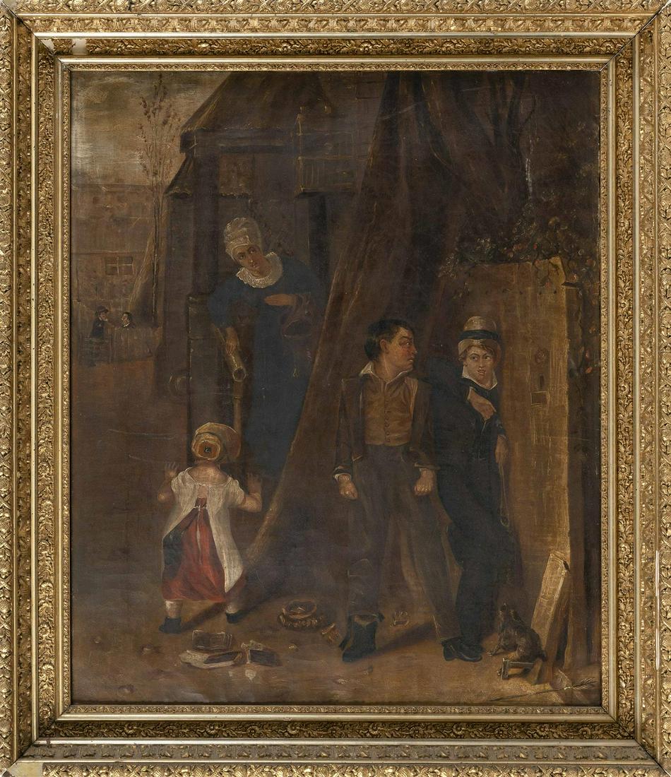 CONTINENTAL SCHOOL, 19th Century, Genre scene of a: CONTINENTAL SCHOOL 19th Century Genre scene of a mother peering at children outside. Unsigned. Oil on canvas, 30" x 25". Framed 36" x 30.5".
