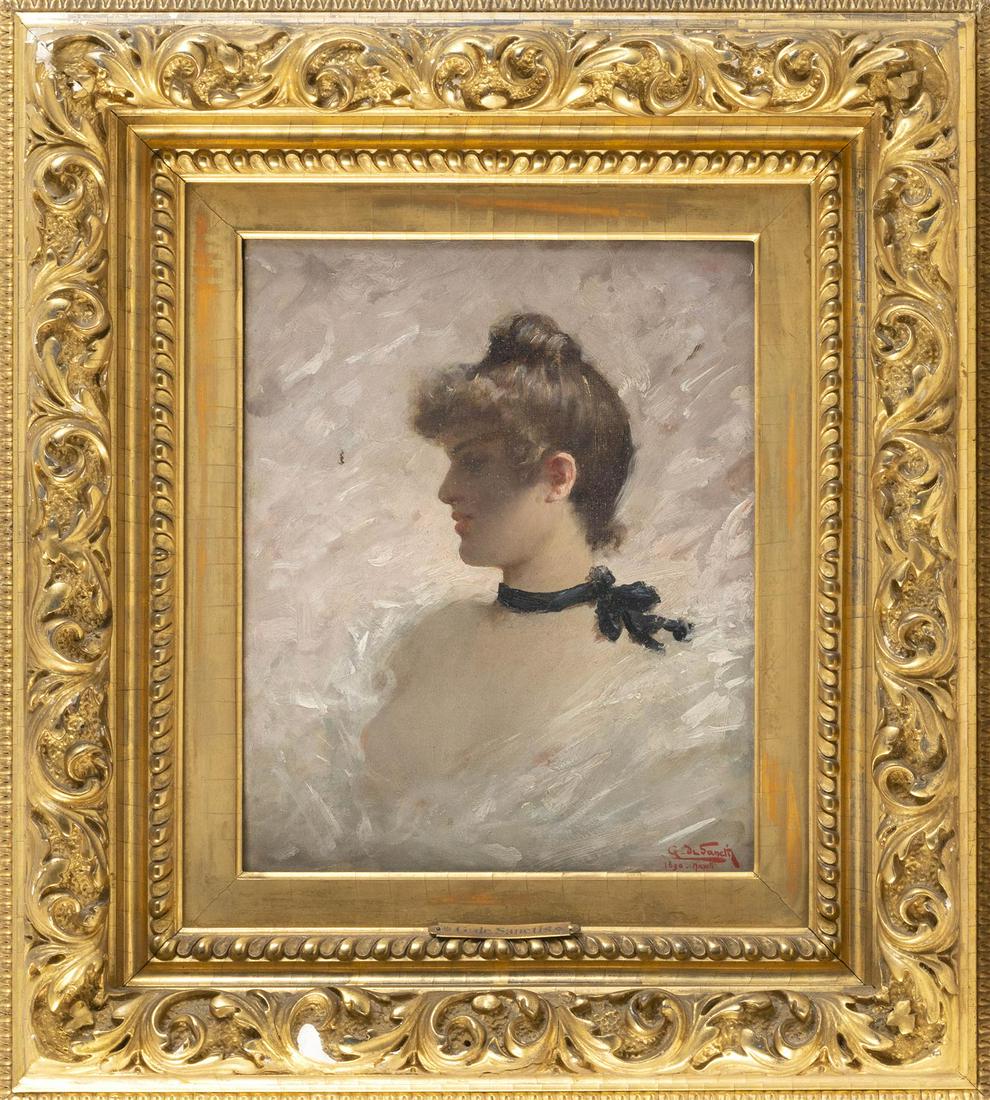 GIUSEPPE DE SANCTIS, Italy, 1858-1924, Classical: GIUSEPPE DE SANCTIS Italy, 1858-1924 Classical portrait of a woman. Signed lower right "G. De Sanctis 1890 Napoli". Oil on canvas, 12.5" x 10". Framed 22" x 19.5".
