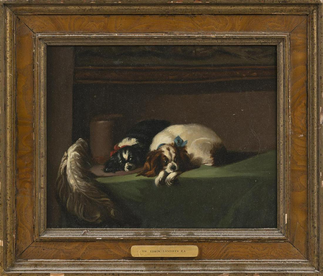 MANNER OF EDWIN HENRY LANDSEER, 19th Century, Two: MANNER OF EDWIN HENRY LANDSEER 19th Century Two sleeping dogs. Unsigned. Oil on canvas, 11.5" x 14.5". Framed 16" x 19".