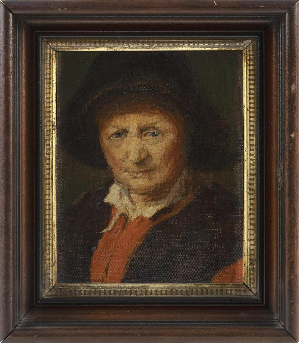 CONTINENTAL SCHOOL, Late 19th Century, Half-length: CONTINENTAL SCHOOL Late 19th Century Half-length portrait of an older person in a hat and red shirt. Unsigned. Oil on canvas laid down on board, 10.25" x 8.25". Framed 13.75" x 11.75&qu