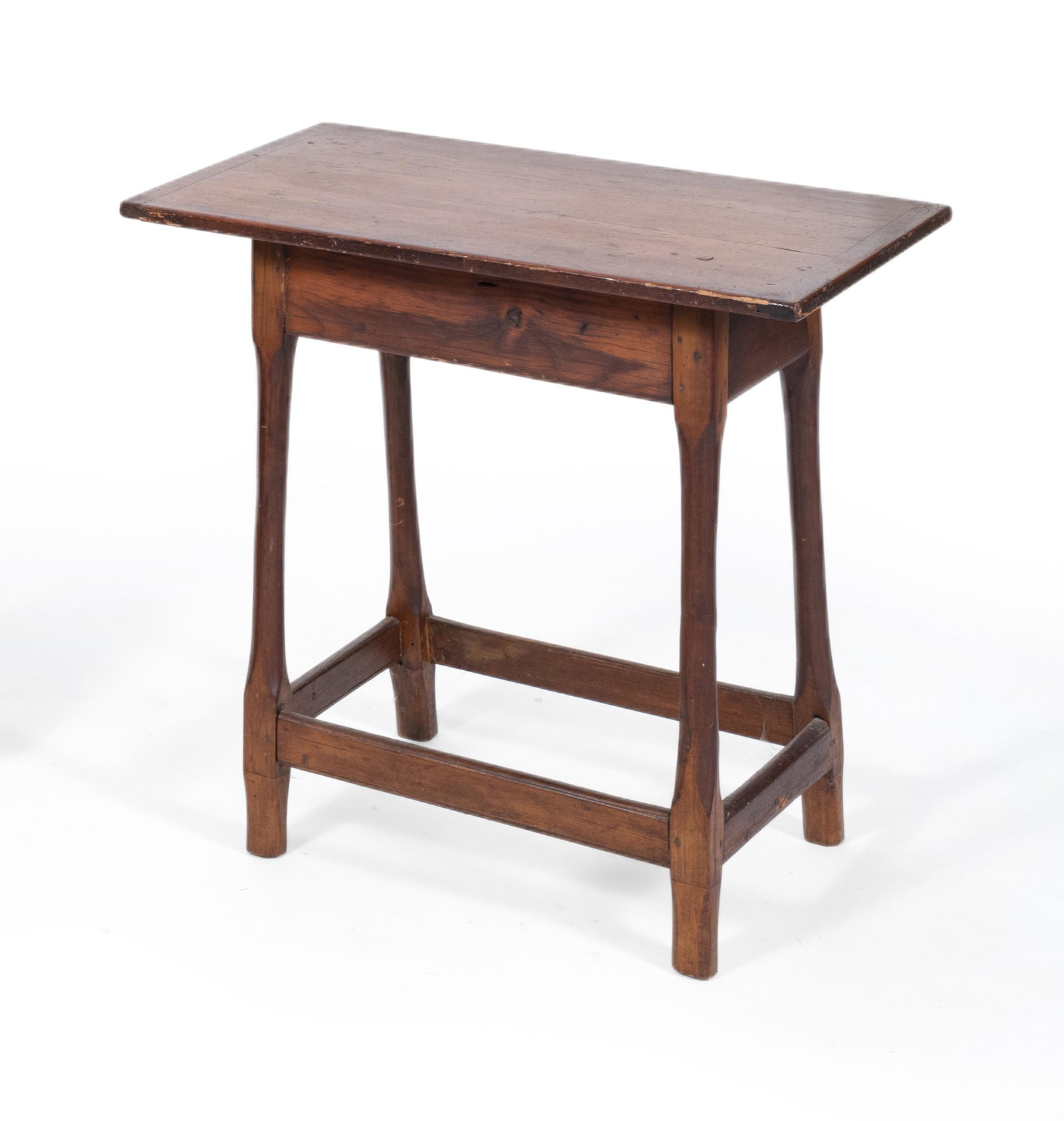 WORK STAND In pine, with breadboard ends and a: WORK STAND New Hampshire, 19th Century In pine, with breadboard ends and a stretcher base. Height 27.5". Width 29". Depth 19.5".