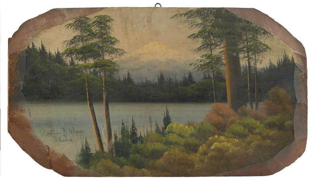 TOURIST CAMP SIGN OR PLAQUE Painted wood panel with: TOURIST CAMP SIGN OR PLAQUE Idaho, Circa 1960 Painted wood panel with mountain landscape. Inscribed lower left "Coeur d'Alene Idaho". Retailer's label verso for Woodcock's Drug Store. 9.25" x 17".