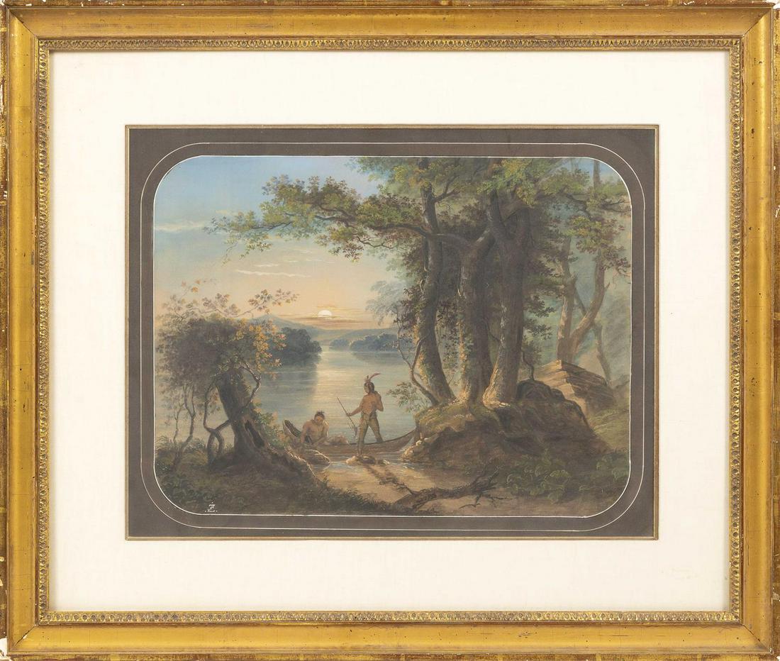 ANTONION ZENO SHINDLER, America, 1813-1899, Sunset: ANTONION ZENO SHINDLER America, 1813-1899 Sunset landscape with Native Americans. Monogrammed lower left "SZ". Gouache on paper, 13.5" x 17" sight. Framed 21.25" x 26".
