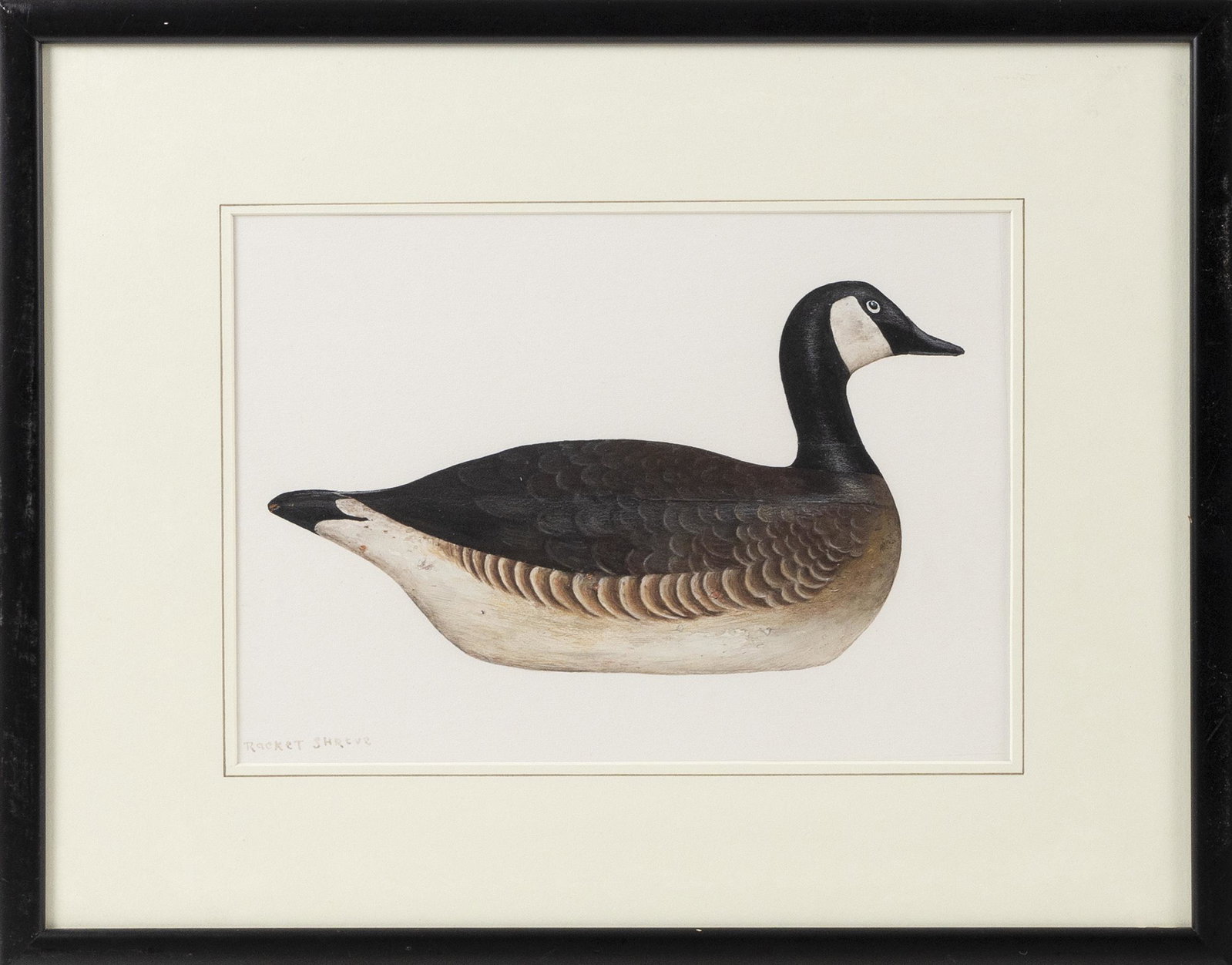 RACKET WARREN SHREVE, Massachusetts, b. 1944, Portrait: RACKET WARREN SHREVE Massachusetts, b. 1944 Portrait of a goose decoy. Signed lower left "Racket Shreve". Tempera, 8.5" x 11.75" sight. Framed 15.25" x 19".