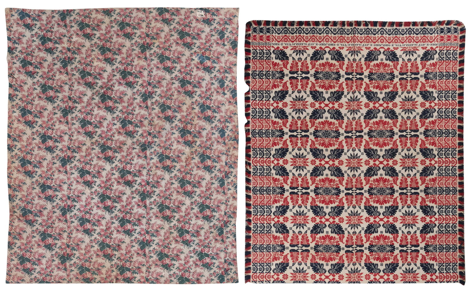 A QUILT AND A COVERLET Quilt with rose decoration. John: A QUILT AND A COVERLET Quilt with rose decoration. John Kaufman coverlet in red, white and blue, and dated 1839. 88" x 101" and 78" x 99".