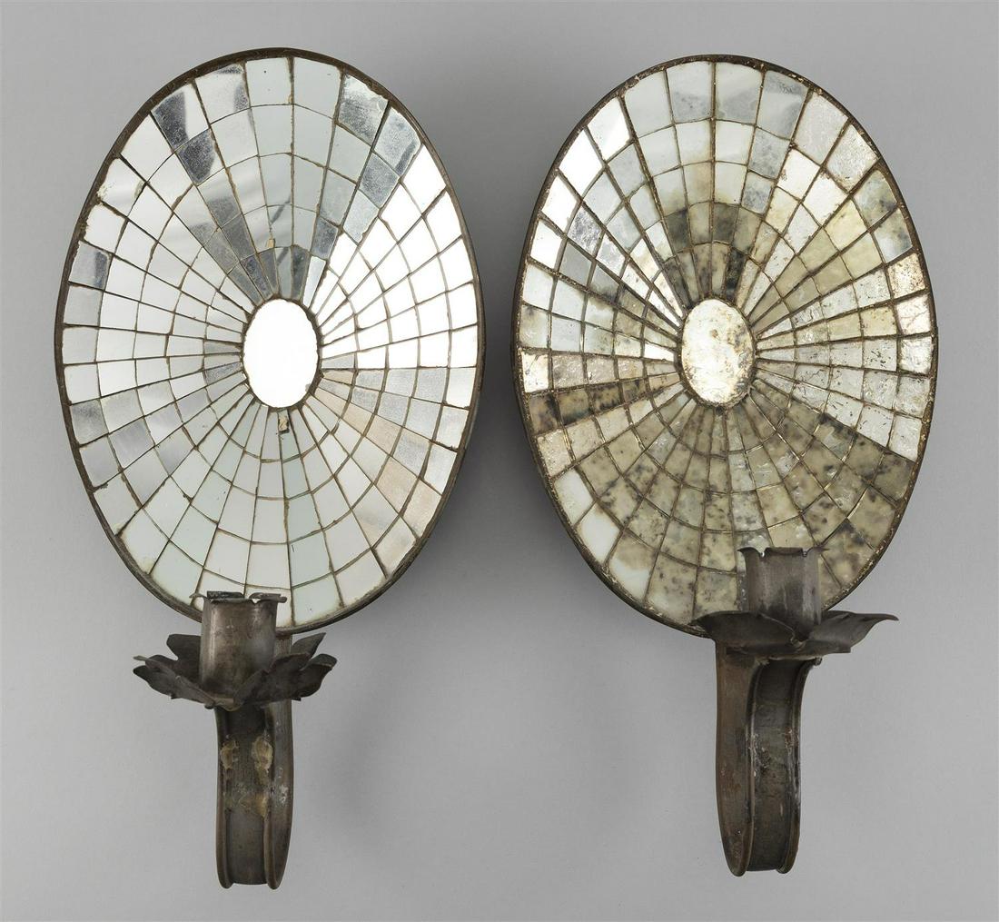 TWO MIRROR-BACK TIN WALL SCONCES Heights 14.5".: TWO MIRROR-BACK TIN WALL SCONCES 20th Century Heights 14.5".