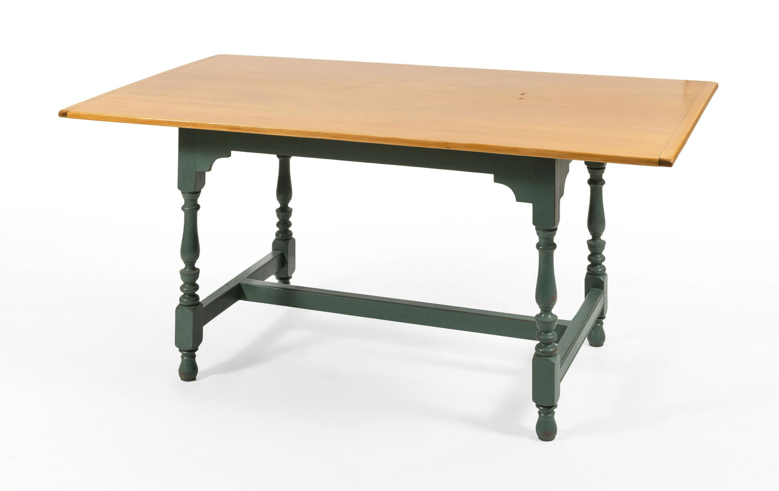 ELDRED WHEELER TAVERN TABLE Maple top. Green-painted: ELDRED WHEELER TAVERN TABLE Massachusetts, 20th Century Maple top. Green-painted base with H-stretcher. Eldred Wheeler brand and paper label on the underside of the top. Height 30". Length 66.25". Wid