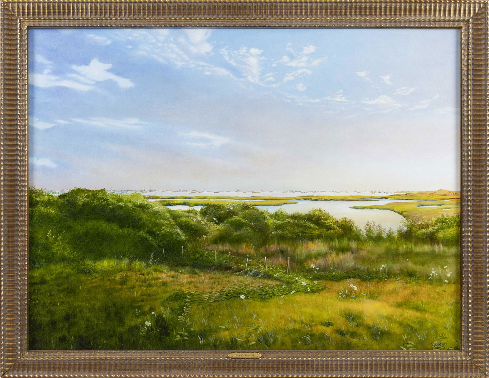 YASEMIN KYRENA TOMAKAN,: YASEMIN KYRENA TOMAKAN Connecticut/Massachusetts/Turkey, b. 1958 "Beyond The Creeks, Monomoy, Nantucket". Signed lower right "Tomakan". Oil on canvas, 30" x 39". Framed 36" x 48".