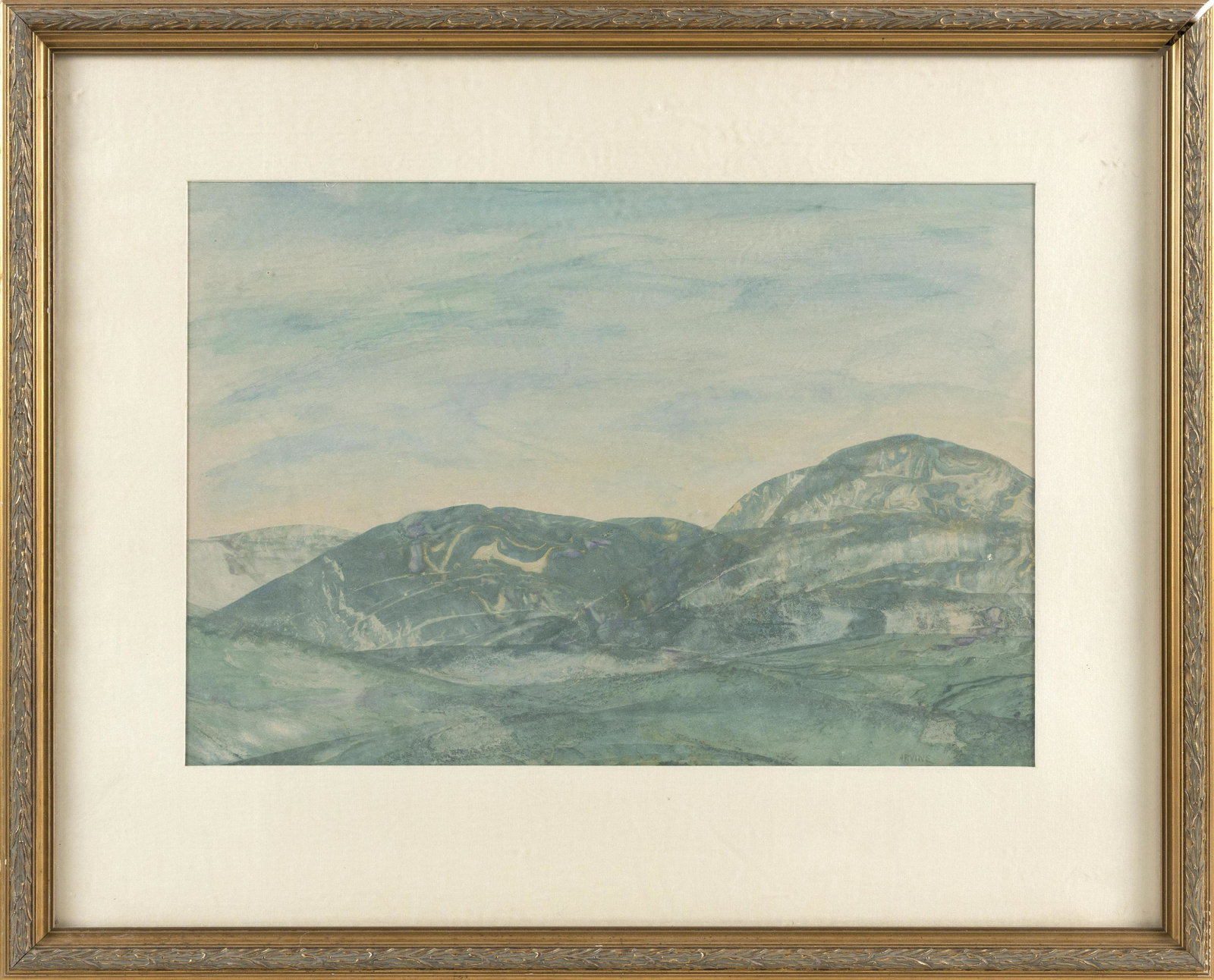 WILSON IRVINE, Connecticut/Illinois, 1869-1936,: WILSON IRVINE Connecticut/Illinois, 1869-1936 "Foothills of Utah". Signed lower right "Irvine". Titled on label verso. Double-sided work. Watercolor on paper, 12.75" x 18.5". Framed 21" x 27".