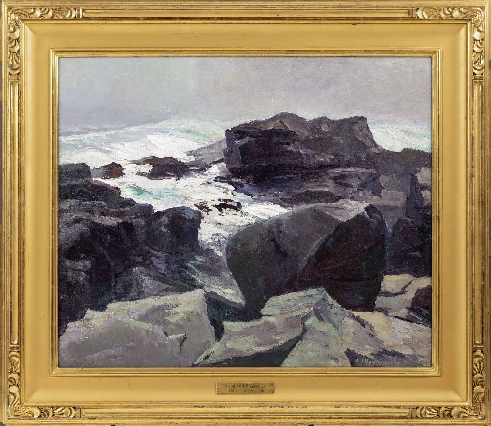 ABRAHAM JACOB BOGDANOVE, New York/Maine/Russian: ABRAHAM JACOB BOGDANOVE New York/Maine/Russian Federation, 1887-1946 "Brisk Sea". Signed and dated lower right "A.J. Bogdanove 35". Titled verso. Oil on canvas, 25.25" x 30". Framed 33.5" x 39.5".