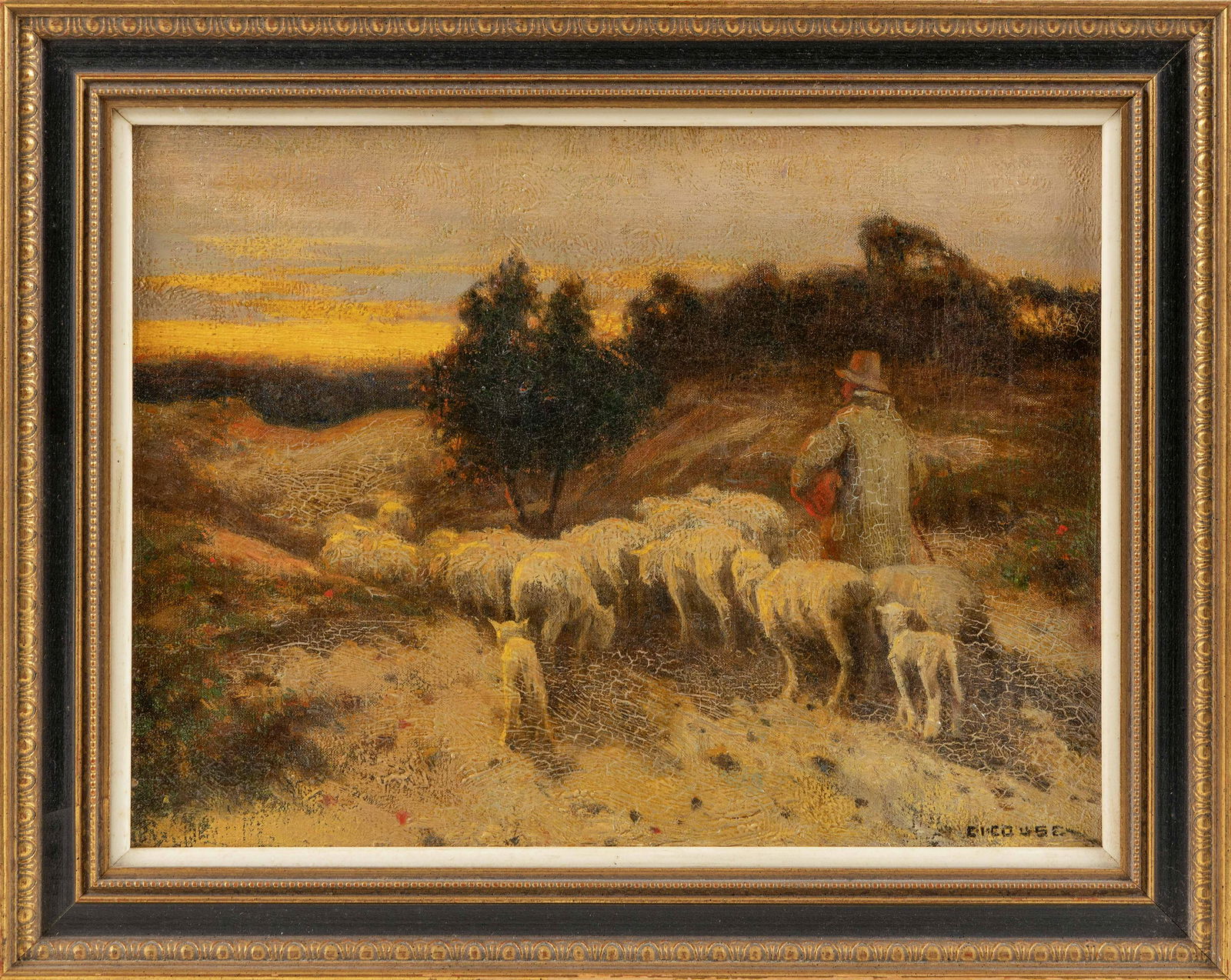 EANGER IRVING COUSE , New Mexico/New: EANGER IRVING COUSE New Mexico/New York/Michigan/France, 1866-1936 Herding sheep at sunset. Signed lower right "E.I. Couse". While primarily associated with his iconic portraits of Native Americans, E