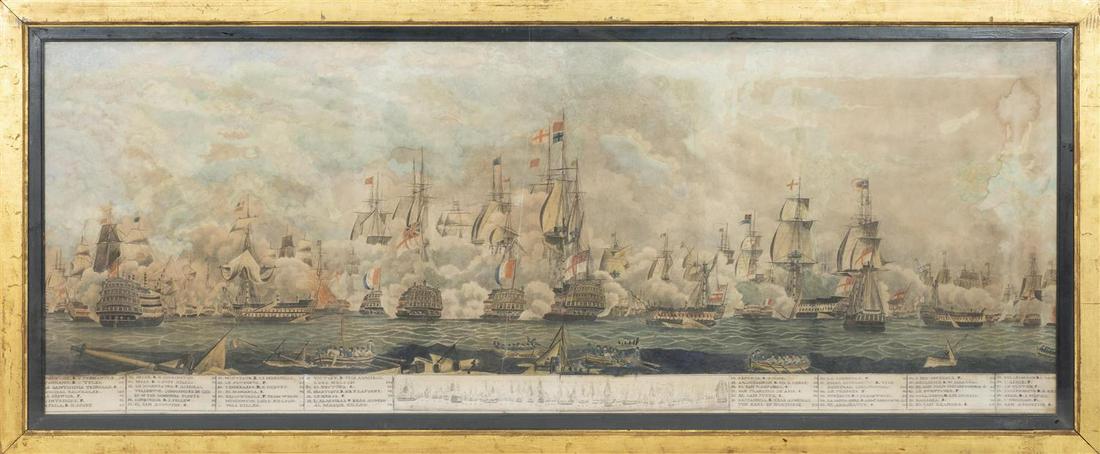 LARGE HAND-COLORED ENGRAVING OF THE BATTLE OF TRAFALGAR: LARGE HAND-COLORED ENGRAVING OF THE BATTLE OF TRAFALGAR First Half of the 19th Century Possibly after Thomas Luny (United Kingdom, 1759–1837). Highly detailed action view of the battle with a co