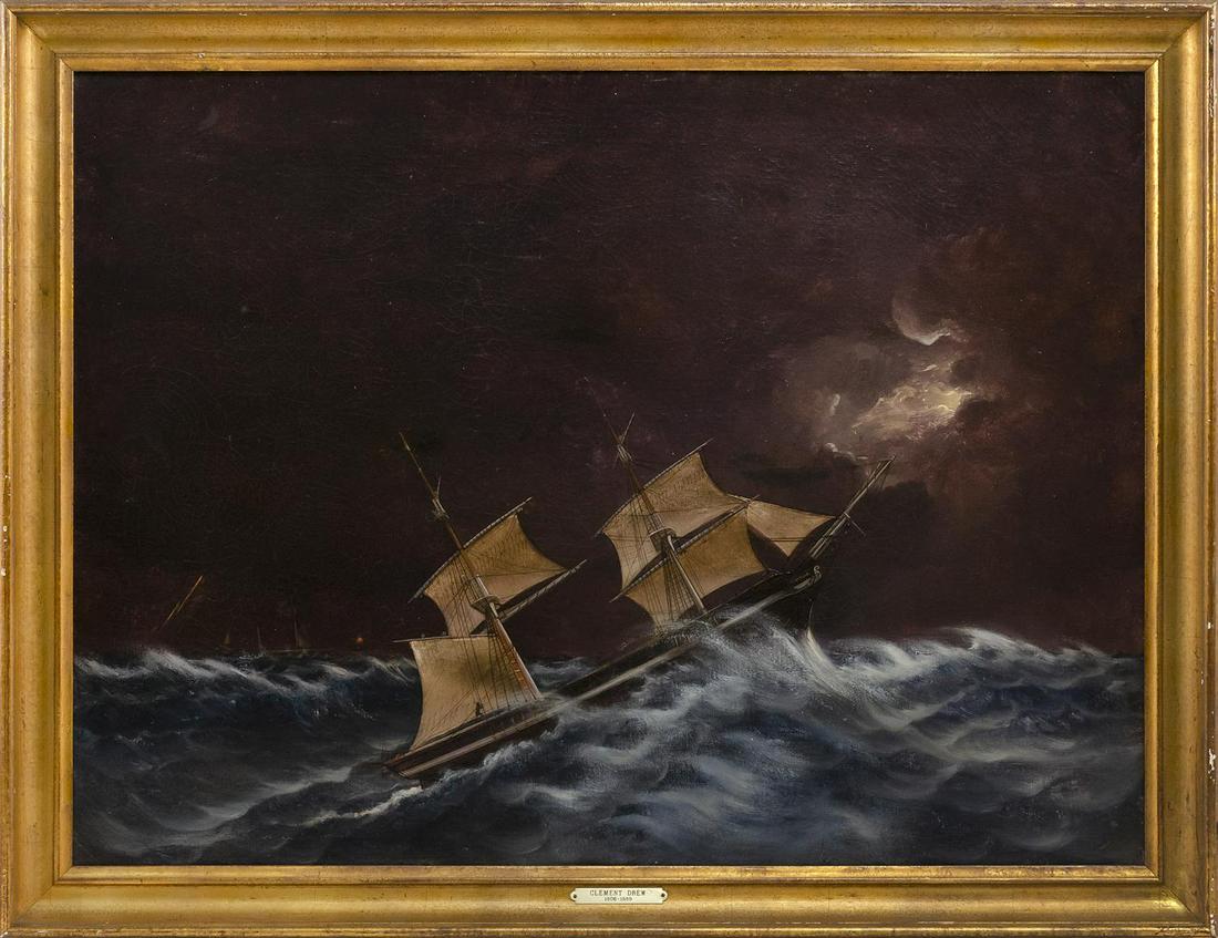 ATTRIBUTED TO CLEMENT DREW, Massachusetts, 1806-1889, A: ATTRIBUTED TO CLEMENT DREW Massachusetts, 1806-1889 A ship in high seas. Unsigned. Oil on canvas, 21" x 29". Framed 32" x 24". ATTRIBUTED TO CLEMENT DREW Massachusetts, 1806-1889