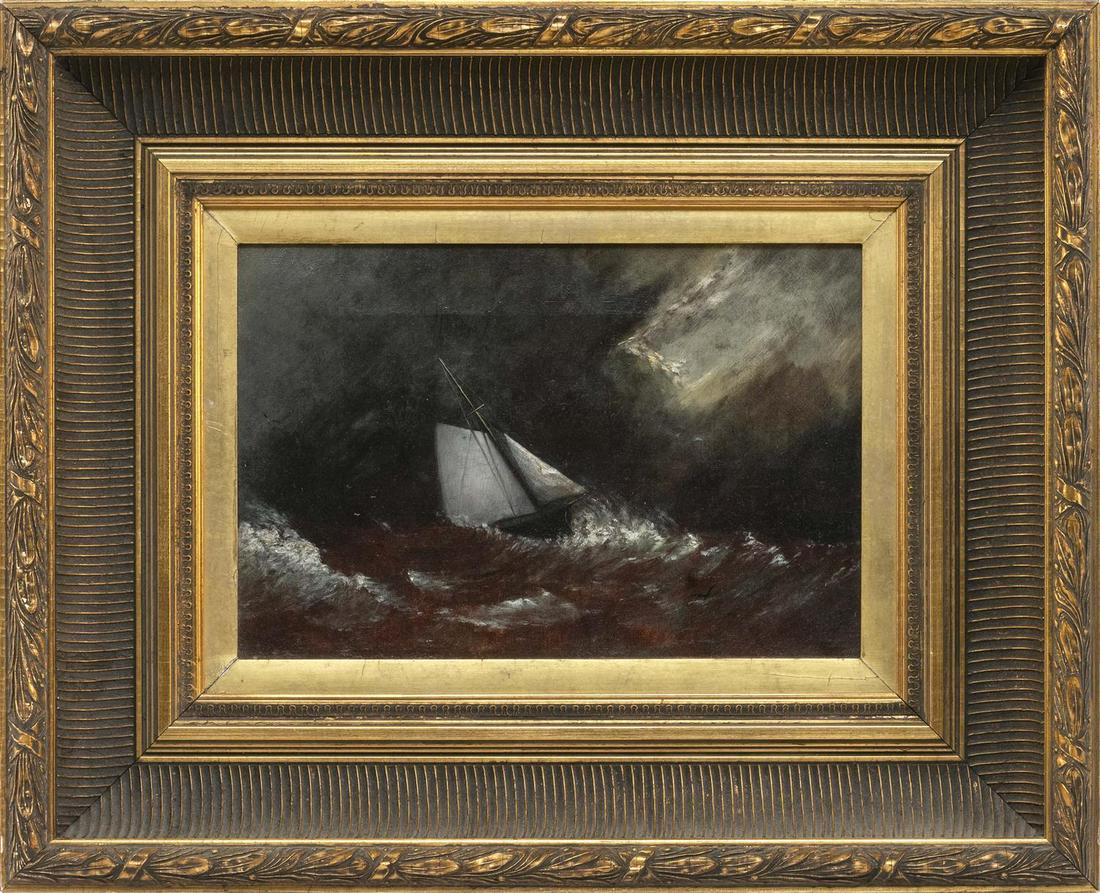 MANNER OF CLEMENT DREW, Circa 1900, A ship in stormy: MANNER OF CLEMENT DREW Circa 1900 A ship in stormy seas. Unsigned. Oil on canvas, 8" x 12". Framed 16" x 20". MANNER OF CLEMENT DREW Circa 1900