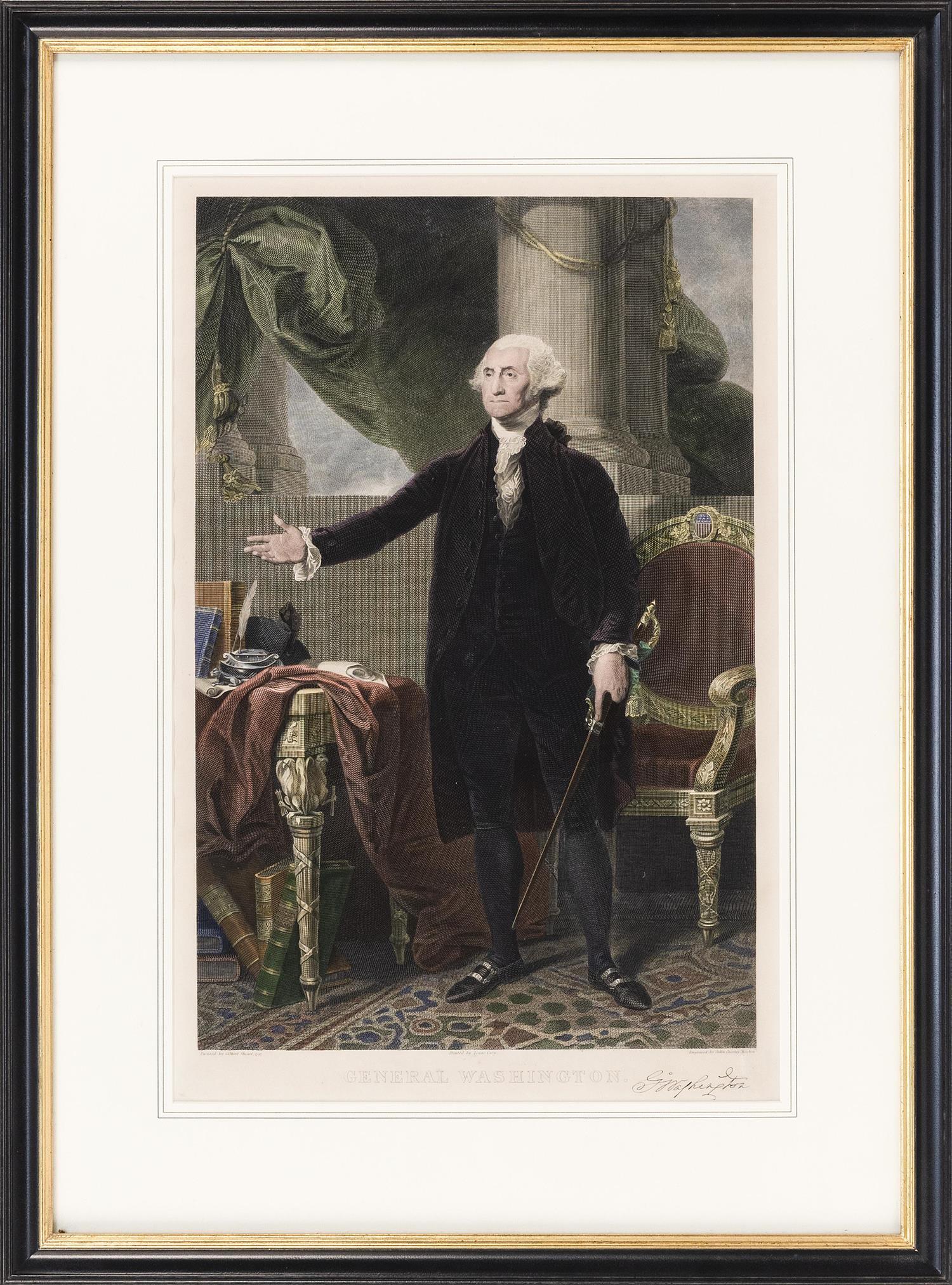 GEORGE WASHINGTON ENGRAVING AFTER GILBERT STUART: GEORGE WASHINGTON ENGRAVING AFTER GILBERT STUART 19th Century Engraved by John Chorley Boston and printed by Isaac Cary. 21" x 14" sight. Framed 29.5" x 22".