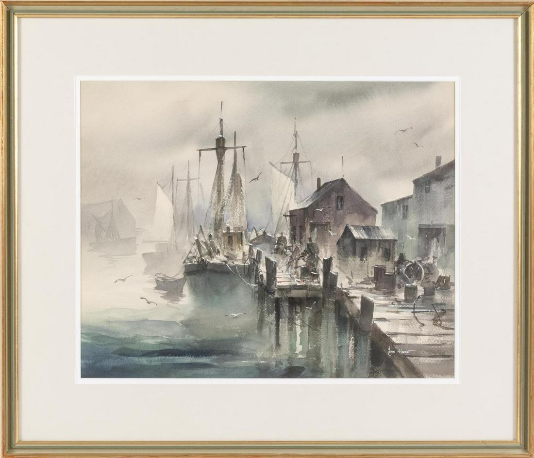JOHN CUTHBERT HARE, Massachusetts/Florida, 1908-1978,: JOHN CUTHBERT HARE Massachusetts/Florida, 1908-1978 Dock scene, Provincetown, Massachusetts. Signed lower right "John Hare". Watercolor on paper, 15" x 19" sight. Framed 23" x 28". JOHN CUTHBERT HARE