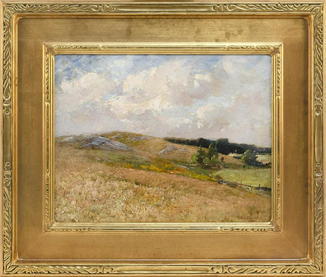 CHARLES EDWIN LEWIS GREEN, Massachusetts, 1844: CHARLES EDWIN LEWIS GREEN Massachusetts, 1844-1915 Pastoral landscape. Signed lower right "C.E.L. Green". Oil on canvas, 14" x 18". Framed 22" x 26". Relined. Retouch, primarily to sky. Please contact