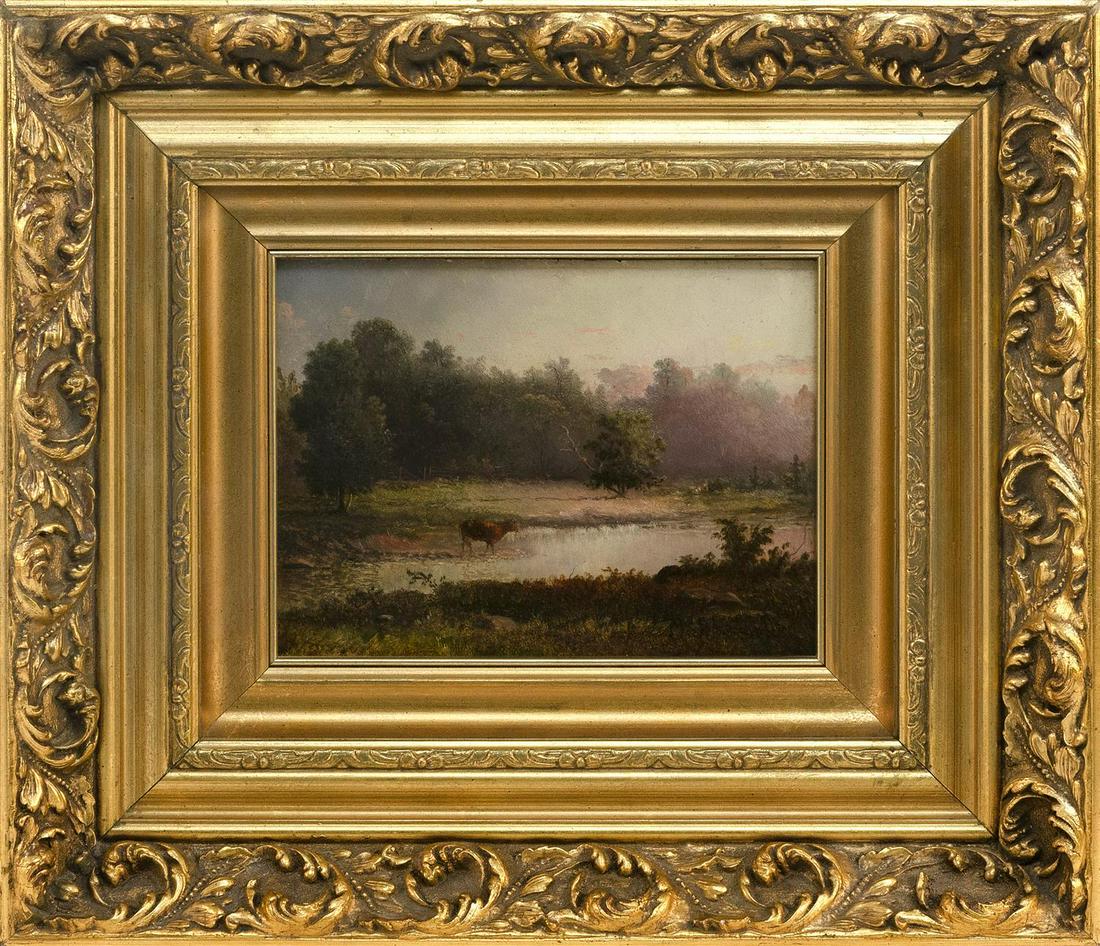 DAVID JOHNSON, New York, 1827: DAVID JOHNSON New York, 1827-1908 A cow by a stream. Monogrammed lower right "DJ". Oil on board, 7.5" x 9.75". Framed 15" x 18". UV light reveals no obvious retouch. Please contact Eldred''s 48 hours