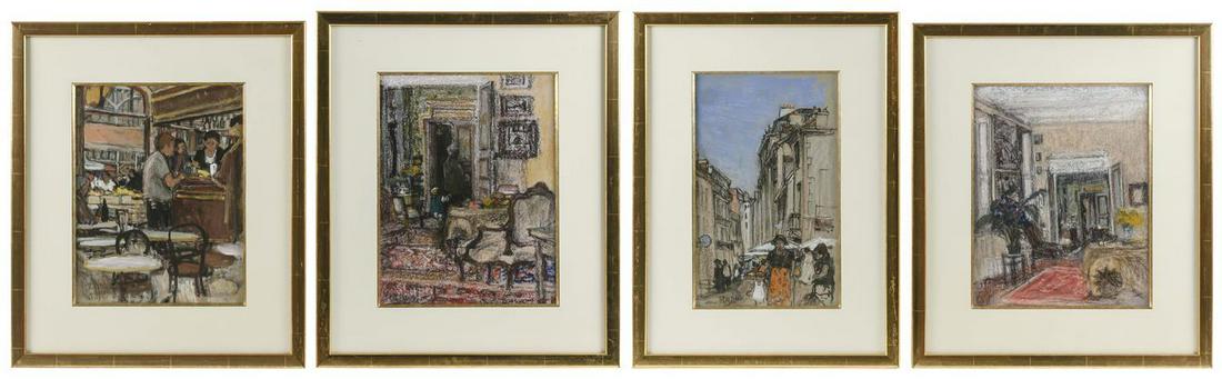 MARKO STUPAR, France/Yugoslavia, b. 1936, Four works:: MARKO STUPAR France/Yugoslavia, b. 1936 Four works: three exteriors and a street view. Each signed lower left "Stupar". Pastels on gray paper, largest 12" x 9.5" sight. Largest framed 19.5" x 20.75".