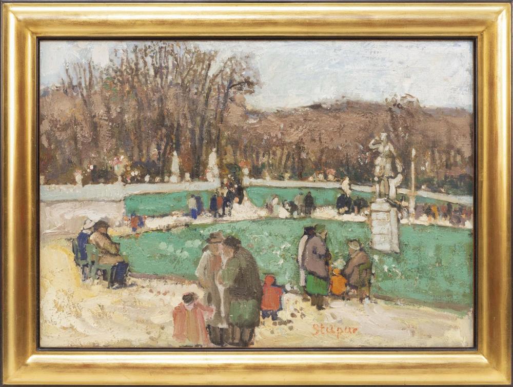 MARKO STUPAR, France/Yugoslavia, b. 1936, Statue in the: MARKO STUPAR France/Yugoslavia, b. 1936 Statue in the Luxembourg Gardens. Signed lower right "Stupar". Indistinctly titled verso. Oil on canvas, 18.25" x 25.75". Framed 22.5" x 30".
