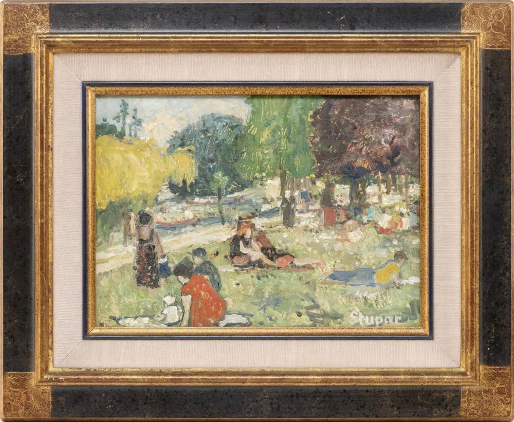 MARKO STUPAR, France/Yugoslavia, b. 1936, Figures in a: MARKO STUPAR France/Yugoslavia, b. 1936 Figures in a park, 1997. Signed lower right. Indistinctly titled and dated verso. Oil on panel, 9.5" x 13". Framed 16" x 20".