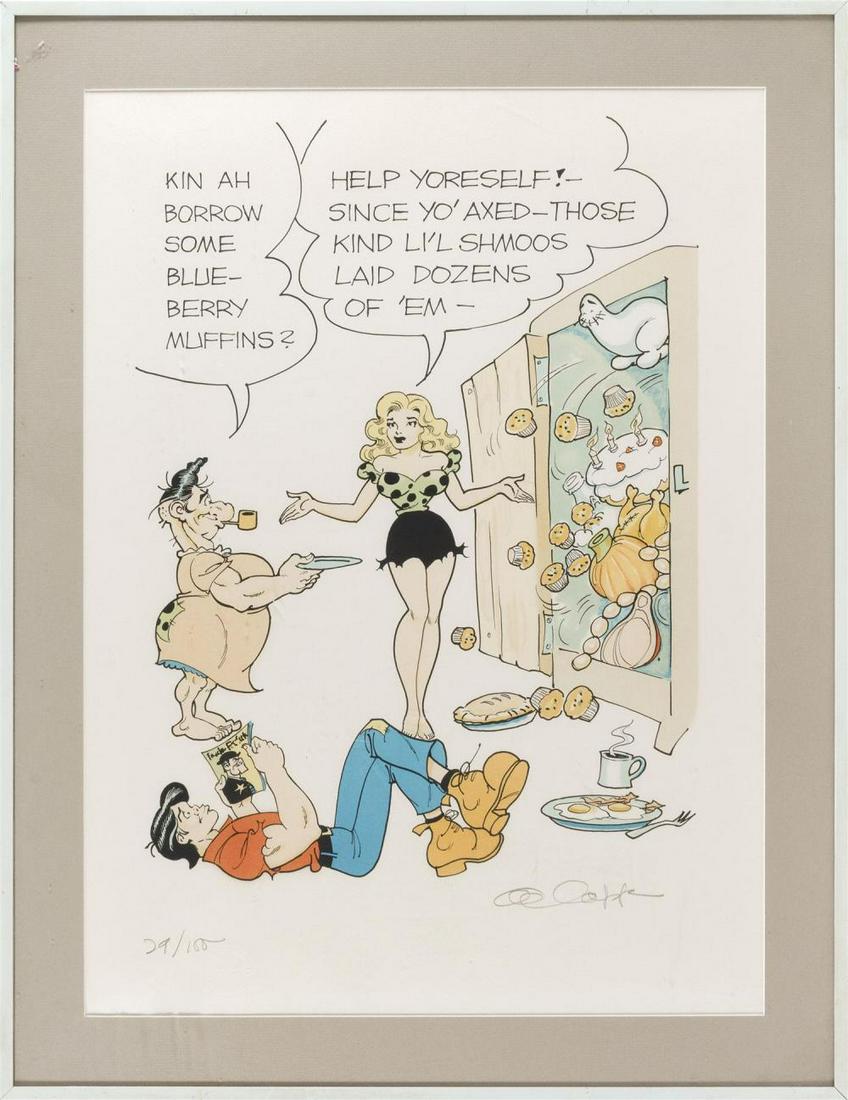 AL CAPP, Connecticut/New York, 1909-1979, Cartoon: AL CAPP Connecticut/New York, 1909-1979 Cartoon illustration print depicting Daisy Mae, Shmoo, Pa and Li'l Abner. Signed in pencil lower right. Numbered 29/100. 28" x 21" sight. Framed 33" x 28".