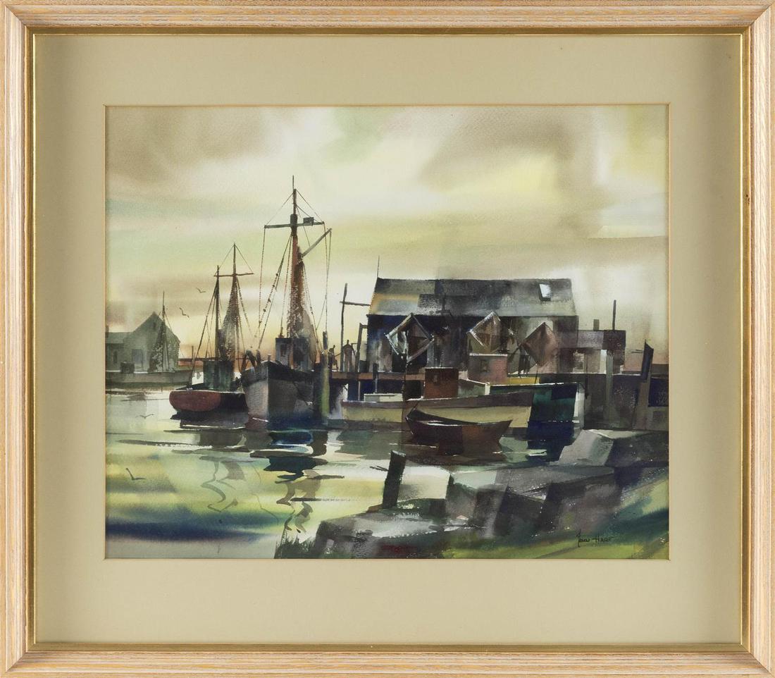 JOHN CUTHBERT HARE, Massachusetts/Florida, 1908-1978,: JOHN CUTHBERT HARE Massachusetts/Florida, 1908-1978 Dock scene. Signed lower right "John Hare". Watercolor on paper, 15.5" x 19.25". Framed 23" x 26".