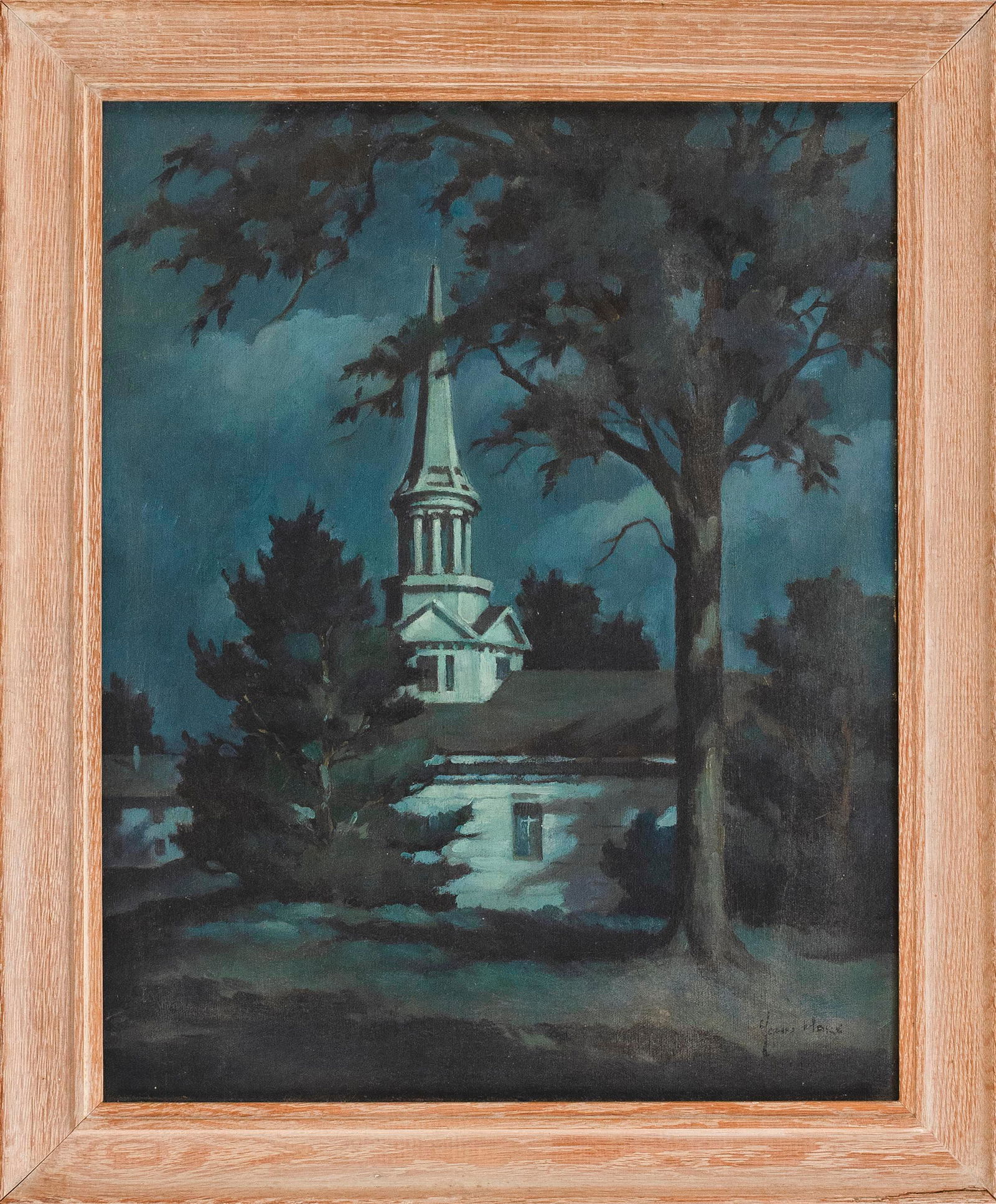 JOHN CUTHBERT HARE Massachusetts/Florida, 1908-1978 A: JOHN CUTHBERT HARE Massachusetts/Florida, 1908-1978 A church under moonlight. Signed lower right "John Hare". Oil on masonite, 20" x 16". Framed 24" x 19.5". Please contact Eldred''s 48 hours prior to