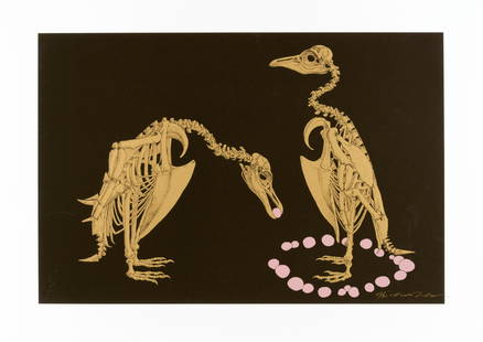 HIDEO TAKEDA Silkscreen "Adele Penguins", executed in: HIDEO TAKEDA Silkscreen "Adele Penguins", executed in gold and pink against a black ground. Signed lower right "Hideo Takeda". Numbered 47/80. 15.75" x 17.5". Unframed. Condition Report Undamaged. Ple