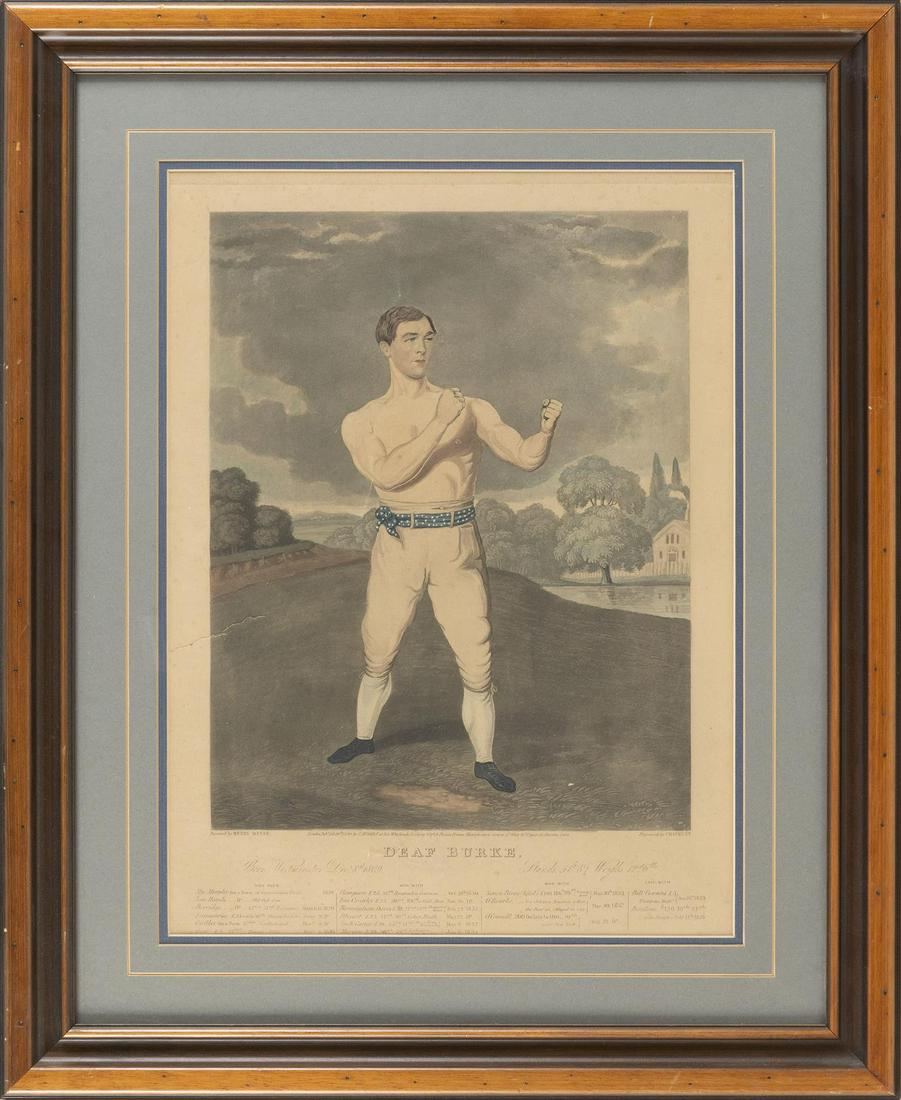 CHARLES HUNT AFTER HENRY MEYER England, 19th Century: CHARLES HUNT AFTER HENRY MEYER England, 19th Century Portrait of the boxer "Deaf Burke". Hand-colored engraving, 19" x 14". Framed 27" x 22".