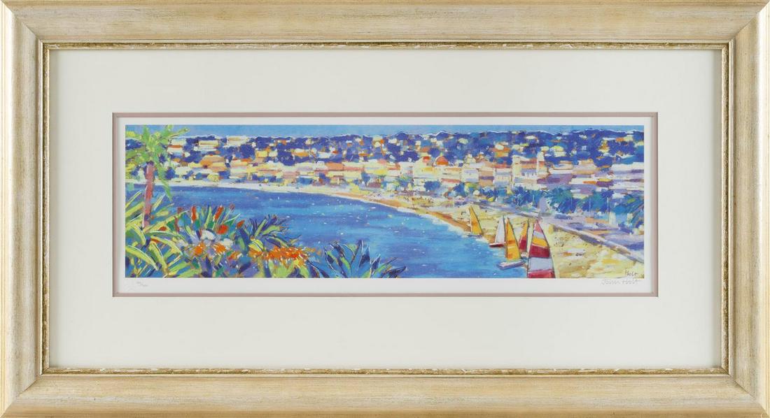 JOHN HOLT United Kingdom, b. 1949 Nice Harbor.: JOHN HOLT United Kingdom, b. 1949 Nice Harbor. Signed lower right "John Holt". Numbered 182/500. Print, 8.5" x 29" sight. Framed 20" x 37.5".