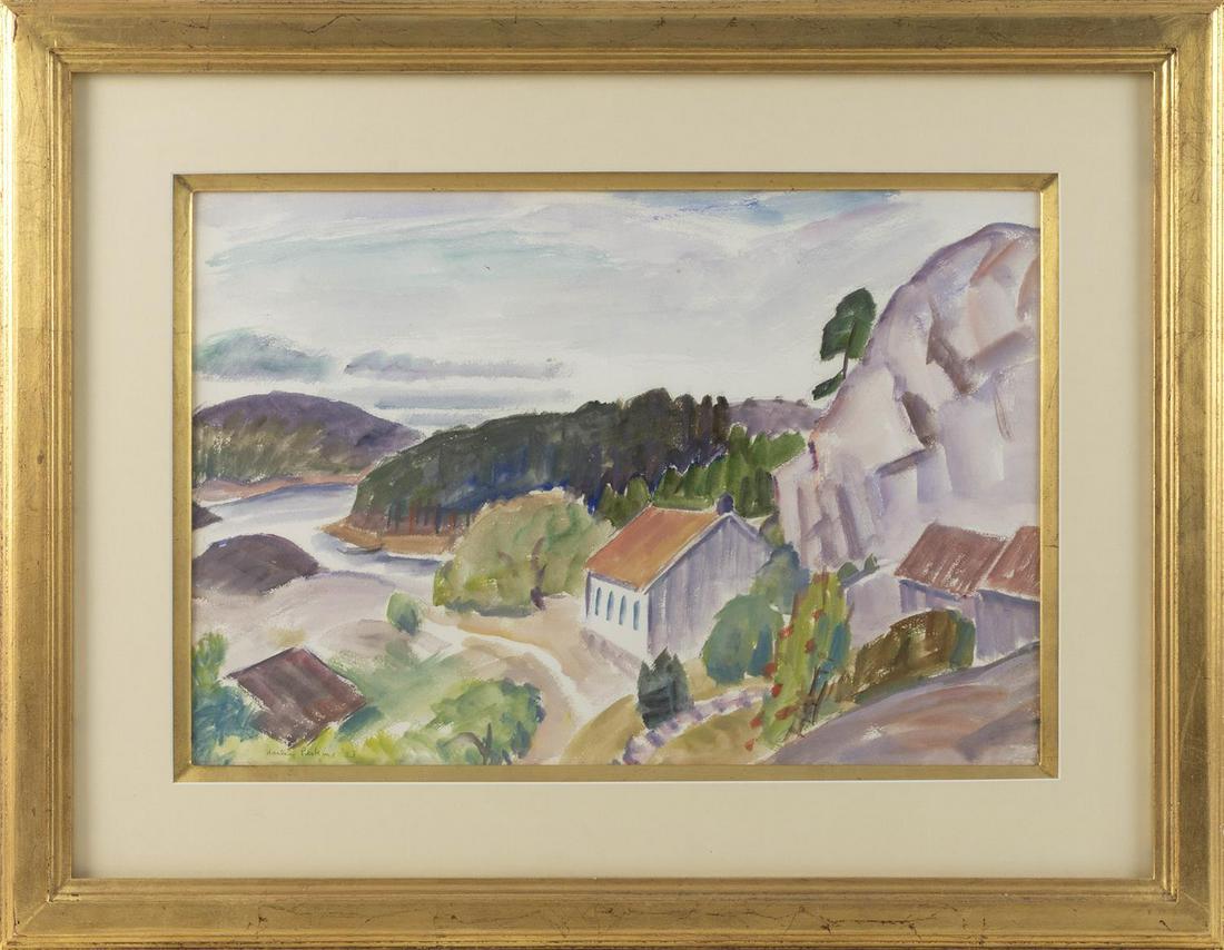 HARLEY MANLIUS PERKINS Massachusetts/Vermont,: HARLEY MANLIUS PERKINS Massachusetts/Vermont, 1883-1964 A bend in the river. Signed and dated lower left "Harley Perkins '28". Watercolor on paper, 14.25" x 20.75" sight. Framed 23.25" x 31".
